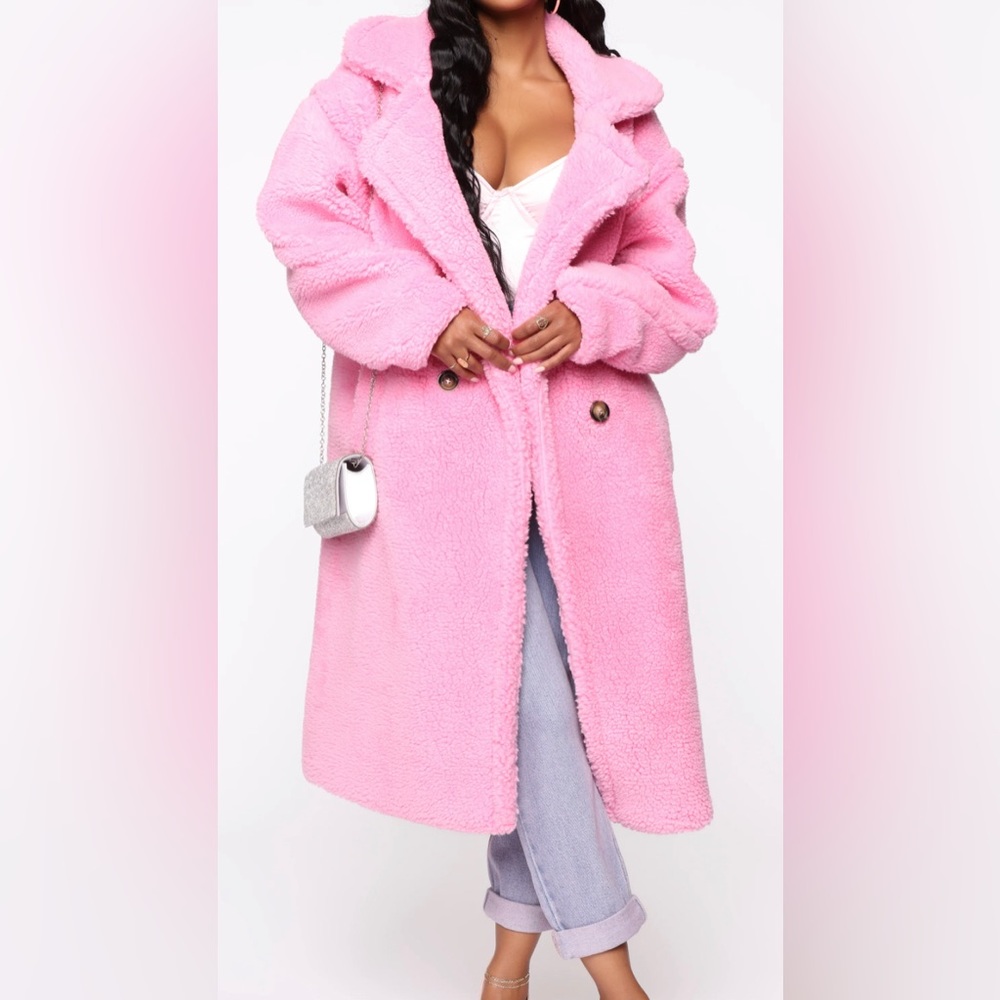 COPY - Pink Teddy Bear Long Length Car Coat. Size L. Button detail. Side pockets